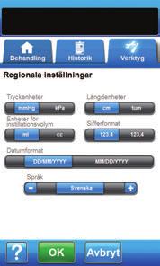 Skärmen Regionala inställningar På skärmen Regionala inställningar kan du ställa in språk, måttenhet, sifferformat och datumformat som ska visas i V.A.C.ULTA behandlingsenhet. 1.