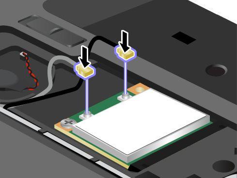8. Anslut antennkablarna till det nya kortet så som visas i bilden. 9. Sätt tillbaka datorns kåpa 1. Dra sedan åt de två skruvarna 2. 10. Sätt tillbaka batteriet. Se Byta batteri på sidan 73. 11.