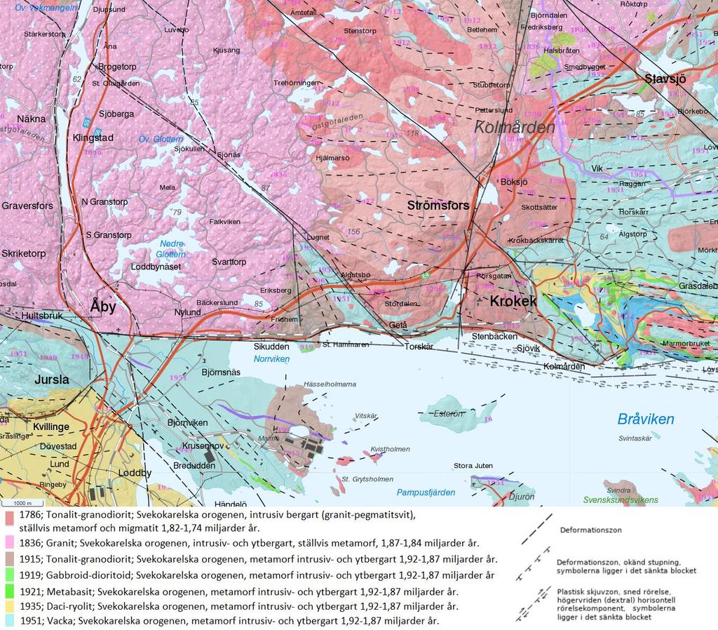 Figur 4: Berggrundskarta kring Getåravinen. Getåravinens lineament går i nordvästlig-sydöstlig sträckning mitt i bild kring ett parti vacka (SGU, 2017). 2. Metod 2.