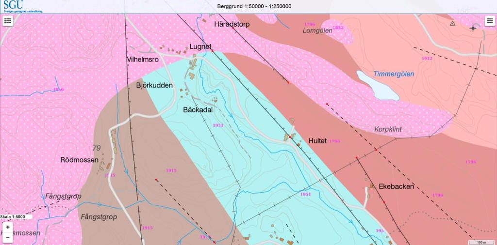Figur 5: Exempel på valda punkter i lineamentstudie markerade med röda sträck (SGU, 20