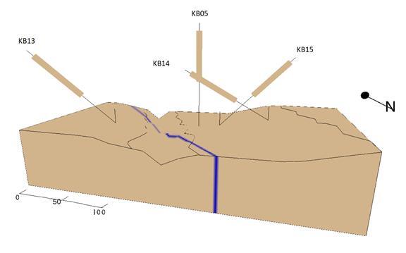 under ravinen med en total borrhålslängd på 92,9 meter. Precis som KB13 så växlar granit och gnejs i kärnan. Graniten är mestadels grovkornig men finkornig granit förekommer också.