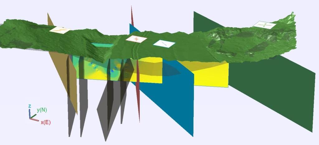Planen markerade med gult och rött ska representera riktningen i den sprickgrupp i respektive rosdiagram som står närmast