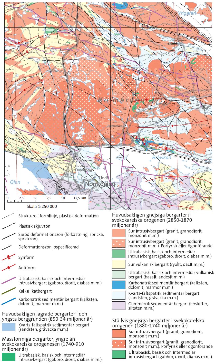 Figur 1: Berggrundsgeologi kring Kolmården (SGU, 2017). Notera deformations- och skjuvzonerna.