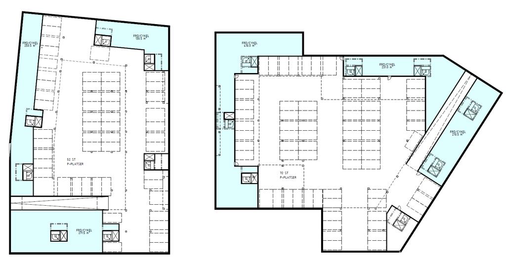 Förslag på utformning av garagen i de nya byggnaderna Parkeringsbehovet för de nya lägenheterna är cirka 140 bilplatser med den gällande p-normen 0,6 bilar/100 kvm BTA.