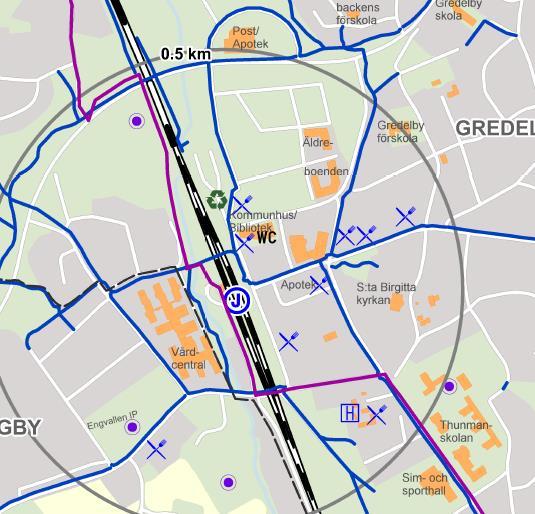 Cykel Befintliga cykelleder, utdrag från kommunens Cykelkarta 2013 Övergripande cykelleder går längs Centralvägen, Apoteksvägen och Gredelbyvägen.