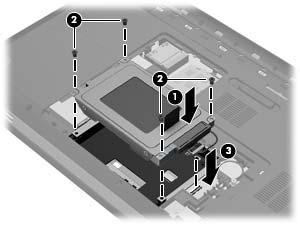 Installera en hårddisk 1. Sätt in hårddisken (1) i hårddiskplatsen. 2. Sätt tillbaka de 4 hårddiskskruvarna (2). 3. Anslut hårddiskkabeln (3) till datorn. 4. Sätt tillbaka hårddiskpanelen: a.