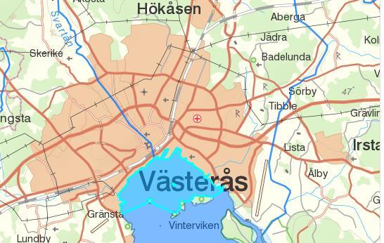 Figur 3. Recipienten Mälaren-Västerås hamnområde är markerat i turkos färg och utredningsområdets ungefärliga läge är markerat med en röd cirkel (Bildkälla: VISS). Tabell 1.