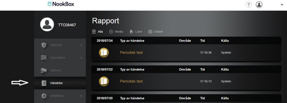 10 Händelse I menyn Händelse hittar du en översikt över allt som har hänt i systemet. Exempel på det som loggas är Till- och frånkoppling, fel, larm o.s.v. Dom 500 sista händelserna lagras.