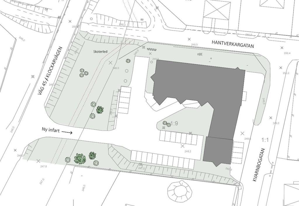 Illustration visar ny infart samt lösningar avseende förbindelser samt parkeringsplatser.