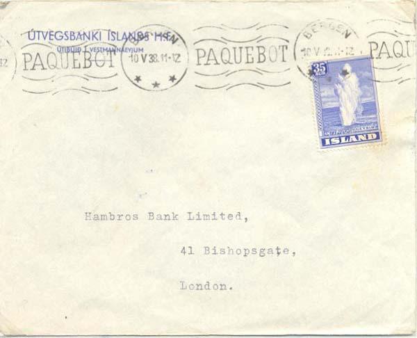 PAQUEBOT Cover to Grate Britain cancelled Bergen 10 5 38. Paquebot Hosk. 324 (1938-39). Month in roman figures.