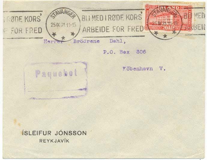 STAVANGER Letter to Denmark cancelled Stavanger 25 9 31 with text machine roller. Framed Paquebot Hosk. 319 (1899-1934) Postage 20 aur 0-20 gr.