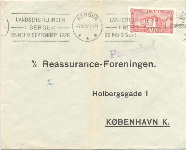 LANDSUTSTILLINGEN I BERGEN 25 MAI-9 SEPTEMBER 1928 Cover cancelled Bergen 7 12 27.