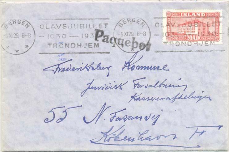OLAVSJUBILEET 1030---1930 TRONDHJEM Cover to Denmark cancelled Bergen 5 11 29 with