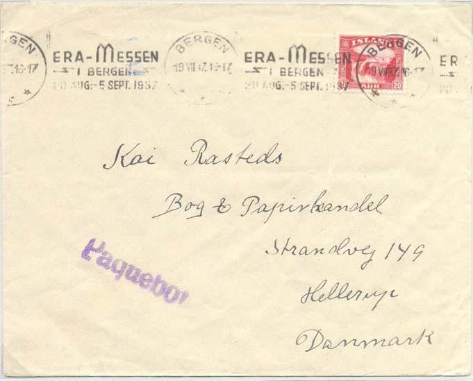 ERA-MESSEN I BERGEN 20 AUG. - 5 SEPT. 1937 Letter to Denmark cancelled Bergen 19 7 37.
