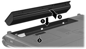 Sätta i eller ta ut ett batteri VIKTIGT Du förhindrar att information går förlorad när du tar ut ett batteri som är den enda strömkällan genom att initiera viloläge eller stänga av datorn innan du
