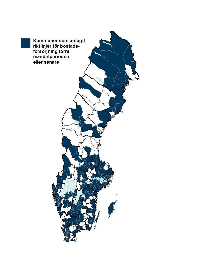 Bostadsmarknadsenkäten 20167 67 Kommuner som antagit riktlinjer för bostadsförsörjning under förra mandatperioden eller senare. Källa: Bostadsmarknadsenkäten 2017,.