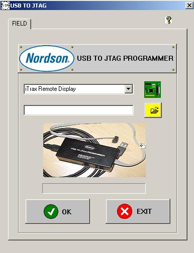 0 Om Rullgardinsmeny för val av nod Tangent för val av mjukvara Namn på den valda mjukvaran Kopieringsindikator Bild 8 USB till JTAG meny Klicka på OK för att starta uppgraderingen.