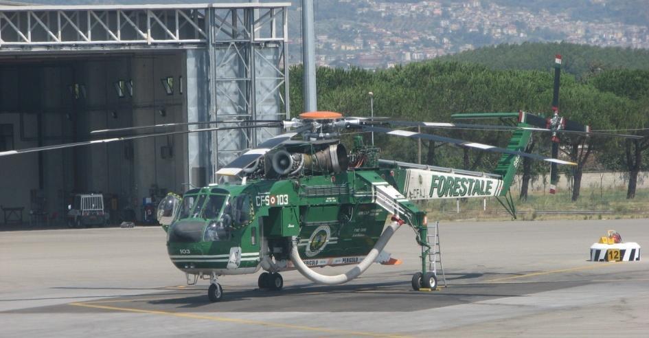 meter och levererar 1 140 liter per minut. Helikoptern är vanlig i södra Europa, USA och Australien. [20g], [24a] Figur 19: Sikorsky S 64F (Italienska statliga skogspolisen år 2006) 4.7.4.2 Flygplan För skogsbrandssläckning finns det två typer av flygplan tillgängliga i Europa, vattenbombande och skopande flygplan.