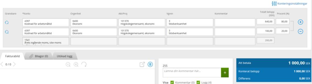 För att fylla i värden kan man klicka direkt i fältet och skriva in t ex önskat konto. Fyll sedan i Orgenhet och Akt/proj. Om du vill söka efter t ex konto eller Orgenhet klicka på sökknappen.