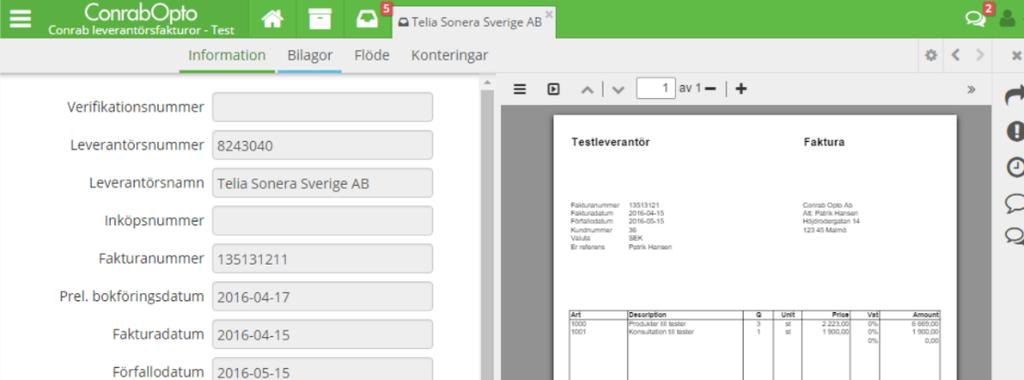 I inkorgen är varje dokument en rad, på raden står en del av dokumentinformationen.