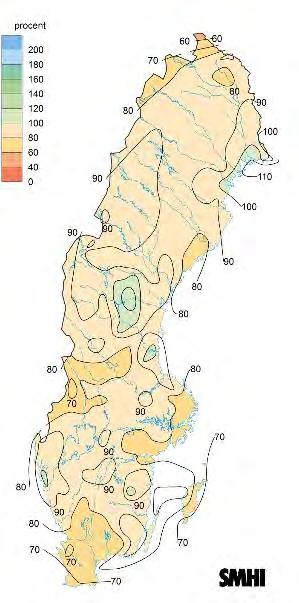 Kartorna visar den summerade nederbörden för perioden 1 januari till 31 decemberi procent av periodens normala nederbörd (medelvärdet 1961-1990).