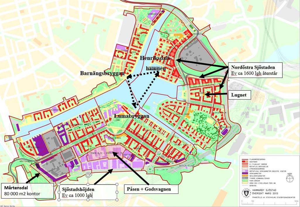 Sida 4 (6) planeras det för ca 1000 lägenheter och i nordöstra Sjöstaden planeras det uppföras ca 1600 lägenheter om projekt Danvikslösen genomförs och Värmdövägen förläggs i tunnel genom
