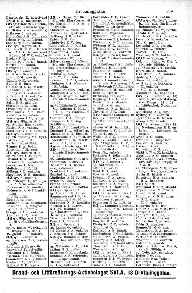 Lamprecht K, hotellvärd 45 qv. Gripen 2. Hörnh., F'ornander O E, kassör Troili U G, maskinag. äfv. adr, Klarabergsg.48 Granlund J, translator 36qv.Skansen2. Hörnh., ego Huselius C E G, V.