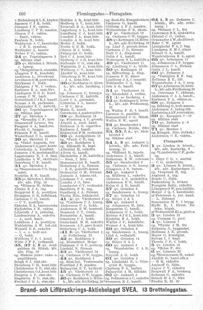 666 v.hedenbergkl E. kapten Halldin A R. kont.bitr. egobost.för. Kungsholmen Jansson C J R. bokh. Hedberg A V. kont.bttr. Carlsson O. handl. Jönsson J F, vaktm. Kronvall B A, kont.-bitr.