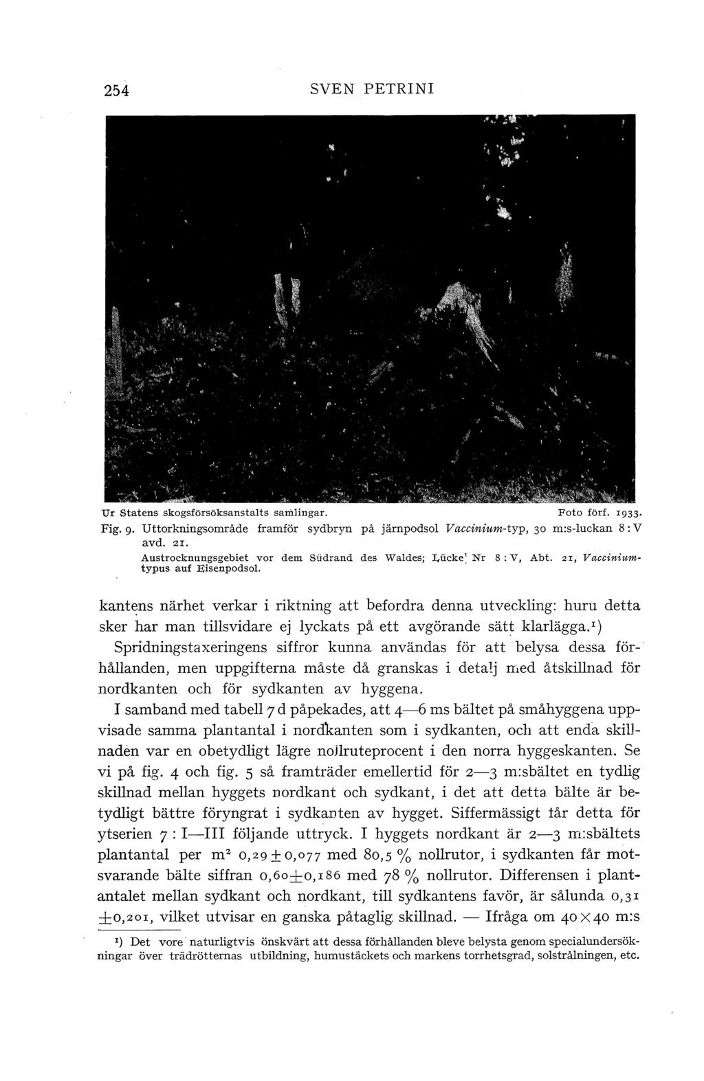 254 SVEN PETRINI Ur statens skogsförsöksanstats samingar. Foto förf. I933 Fig. g. Uttorkningsområde framför sydbryn på järnpodso Vaccinium-typ, 30 m:s-uckan 8: V avd. zr.