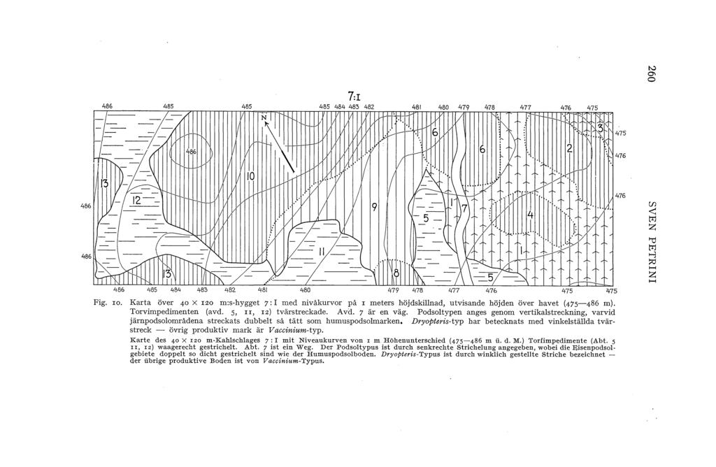 "-' Q\ o 7:1 475 476 476 (fj < ttj z ': ttj >-?:J >-< z >-< Fig. ro. Karta över 40 X rzo m:s-hygget 7: I med nivåkurvor på r meters höjdskinad, utvisande höjden över havet (475-486 m).