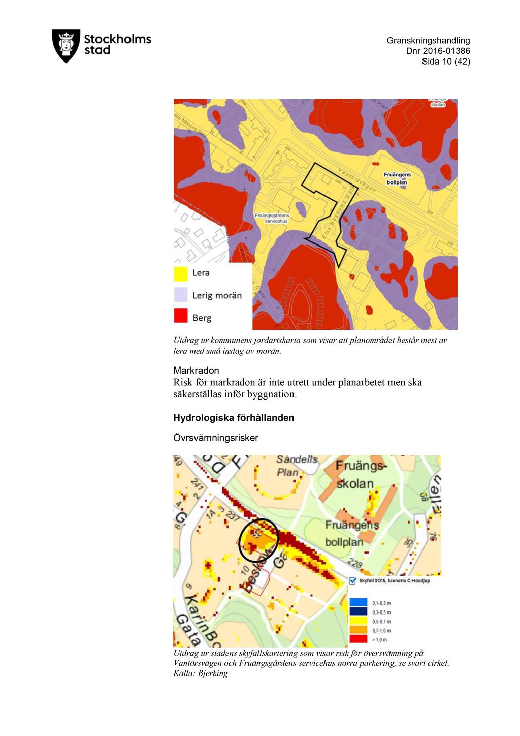 D nr 2016-01386 Sida 10 ( 42 ) Utdrag ur kommunens jordartskarta som visar att planområdet består mest av lera med små inslag av morän.