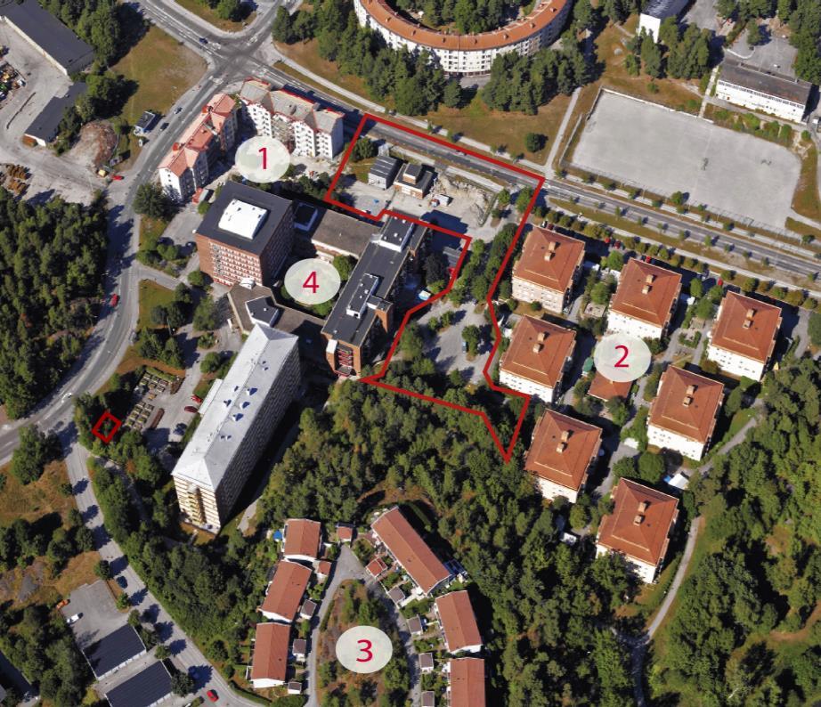 Sida 12 (42) Befintlig bebyggelse. Planområdet utbredning ungefärligt markerat med rött streck. Siffror markerar angränsande bebyggelseområden.