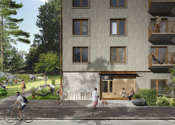 Den förhöjda sockelvåningen har en rumshöjd på 3,5 meter. Huvudentré placeras mot gata. Sockelvåningen utförs i puts i samma kulör som fasad.