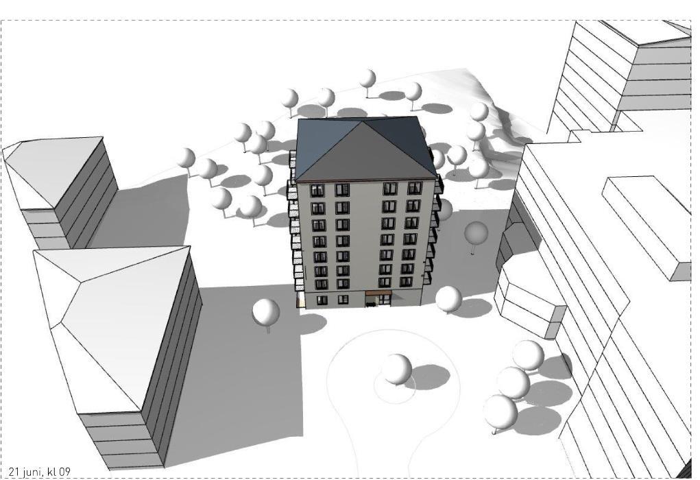 Brunnberg och Forshed Arkitektkontor Under midsommar mellan klockan 09:00-12:00 så skuggas delar av första till tredje våningarna på