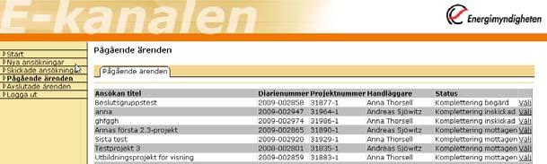 23 4 Pågående ärenden Sidan visar diarienummer, projektnummer, handläggare och status för ärendet.