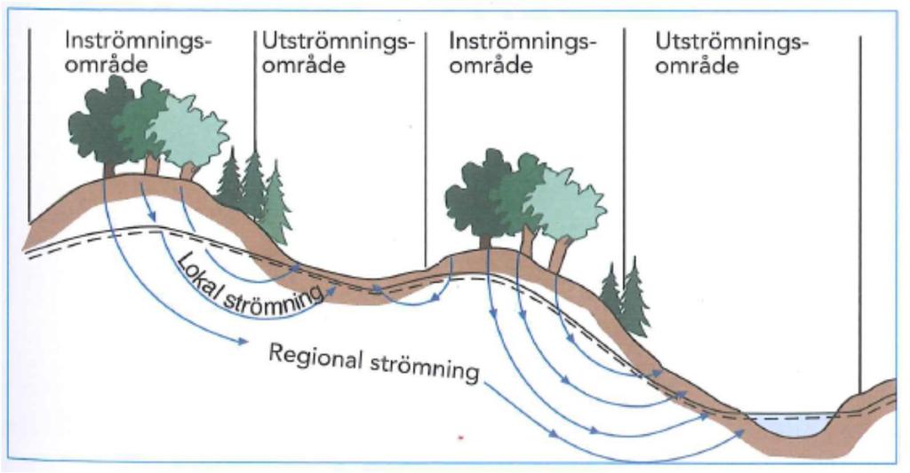 Bild 6: Principskiss som visar in- och utströmningsområde. Efter Statens Naturvårdsverk, 1983. Källa: Svenskt Vatten P105. I inströmningsområden sker en stor del av områdets grundvattenbildning.