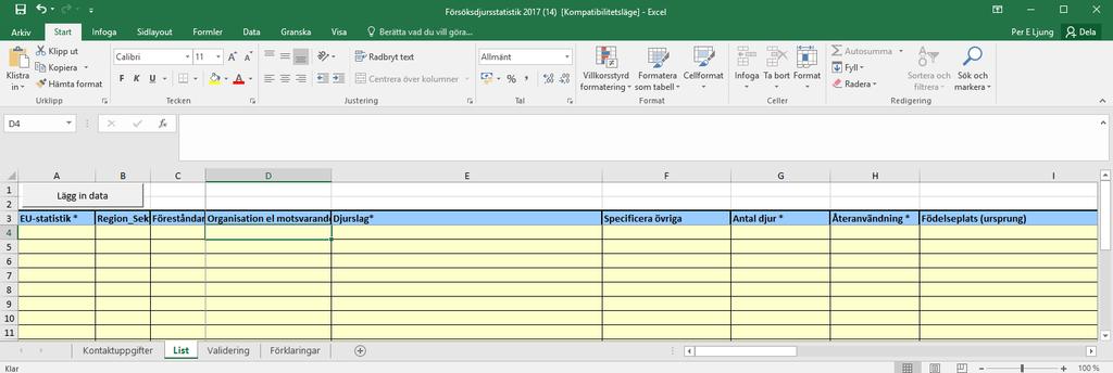 Bladets struktur får inte ändras. Använder du Mac? Spara i så fall i formatet.xlsm. Fungerar inte makrona, fyll i Excel-filen ändå. Nedan ser du bladet List i en tom Excel-arbetsbok.
