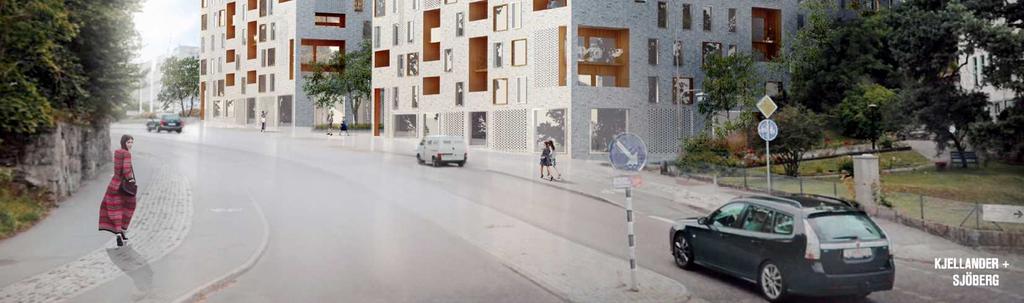 Tidig illustration (Kjellander + Sjöberg arkitektkontor) Föreslagen bebyggelse föreslås huvudsakligen ansluta sig i skala till befintlig och kommande bebyggelse i närområdet med en höjd på ca fem