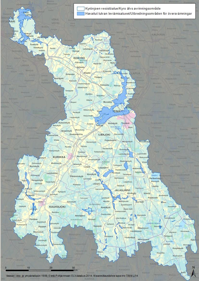Bild 23. Observerade översvämningsområden i Kyro älvs avrinningsområde. En del av områdena är numera översvämningsskyddade.