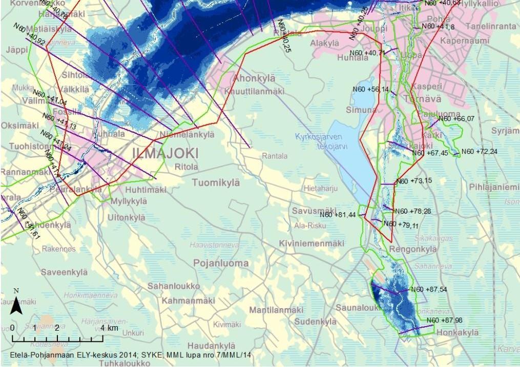 Ilmola-Seinäjoki vid en översvämning med ett återkomstintervall på 1/100
