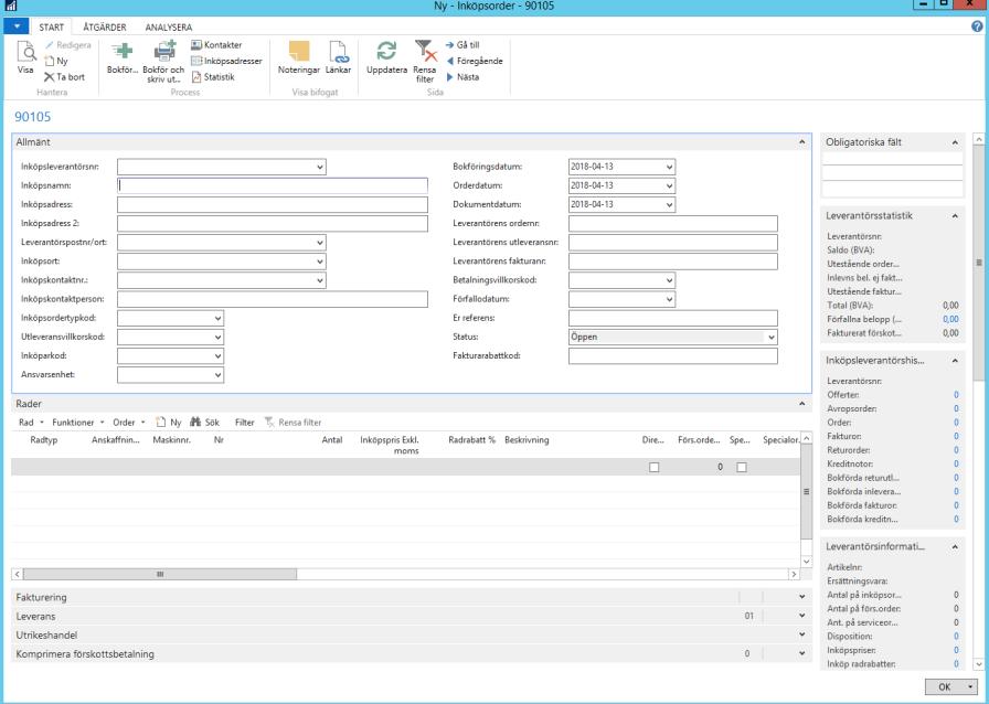 Skapa inköpsorder Först skapas inköpsorderhuvudet. Gå till Avdelningar Maskinhandel Inköp Inköpsorder. Välj Ny under Startfliken eller tryck Ctrl+N och tryck Enter, så skapas ett nytt ordernummer.