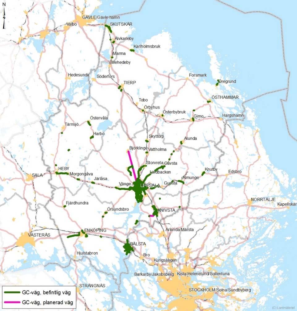 8 (29) Hösten 2012 genomfördes en regional inventering av behovet av cykelvägar 1. Utgångspunkten var att binda ihop så gott som samtliga länets tätorter.