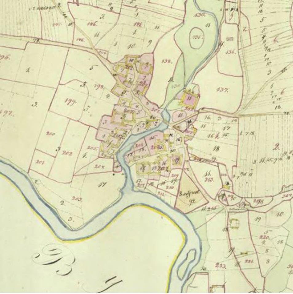 Fig. 3. Skättilljunga by enligt 1813 års enskifteskarta (Lantmäteristyrelsens arkiv, akt K155-12:2). bykärnan sammanstrålar med ett mindre biflöde från norr (Tjörningabäcken).