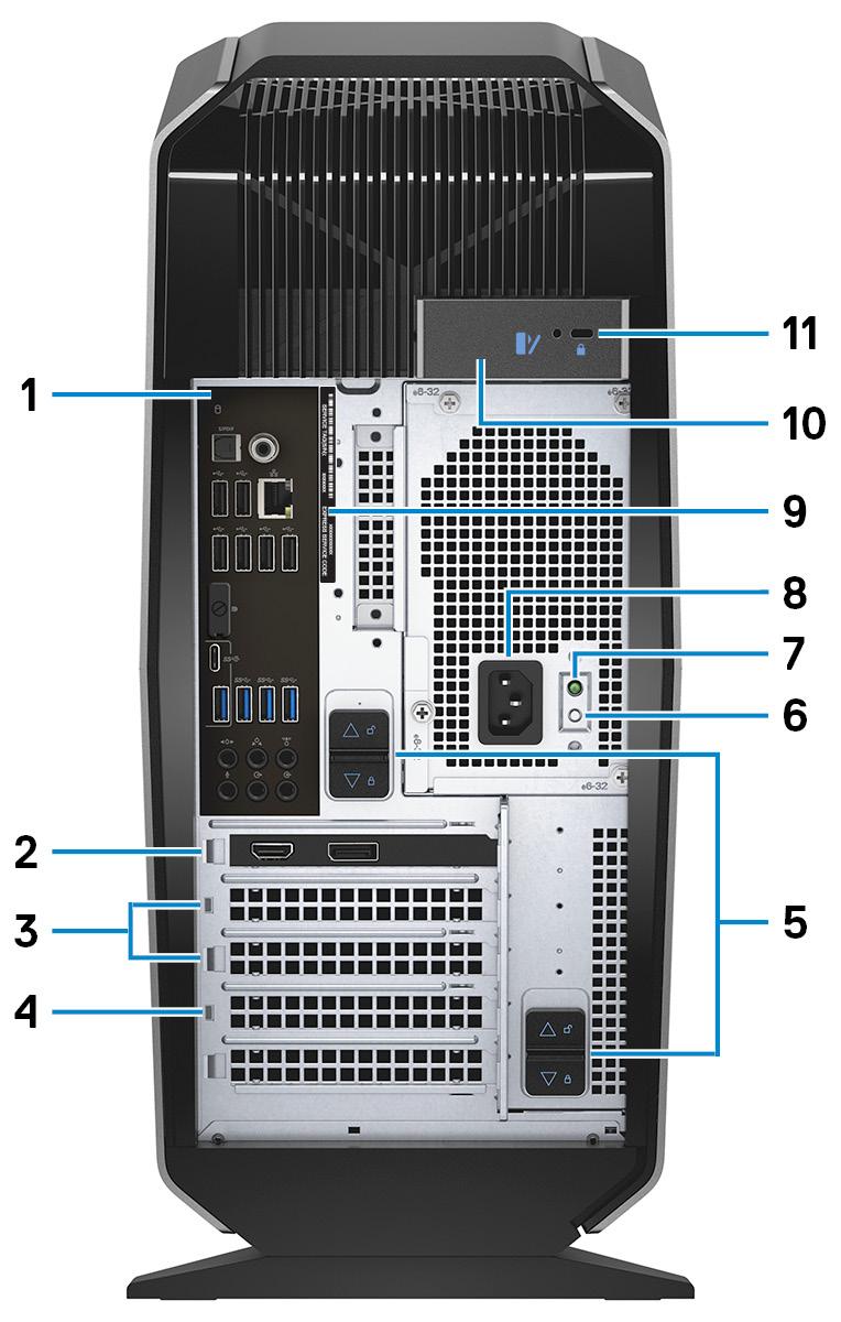 Baksida 1 Bakpanel Anslut USB-, ljud- och videoenheter och andra enheter. 2 PCI-Express X16 (grafikkort plats 1) Anslut ett PCI-Express-kort, t.ex.