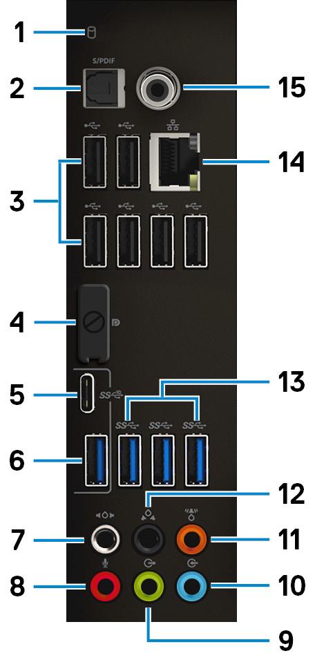 Bakpanel 1 Indikator för hårddiskaktivitet Lyser när datorn läser från eller skriver till hårddisken.