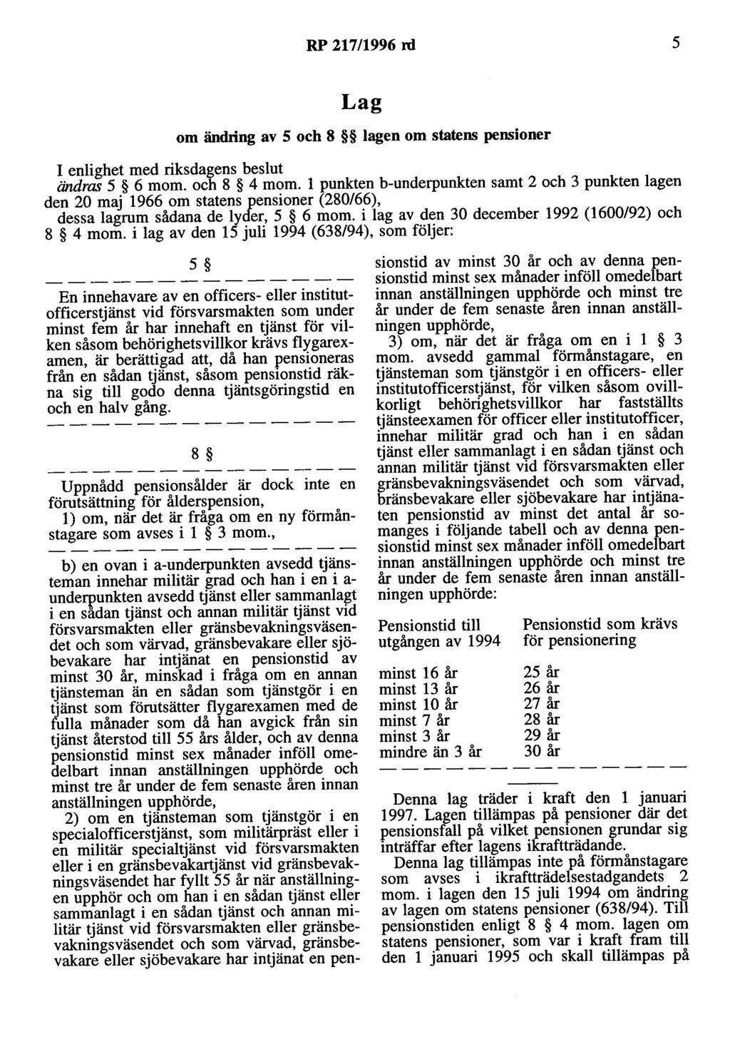 RP 217/1996 rd 5 Lag om ändring av 5 och 8 lagen om statens pensioner I enlighet med riksdagens beslut ändras 5 6 mom. och 8 4 mom.