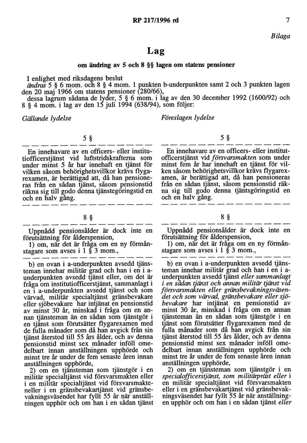 RP 217/1996 rd 7 Lag om ändring av 5 och 8 lagen om statens pensioner Bilaga I enlighet med riksdagens beslut ändras 5 6 mom. och 8 4 mom.