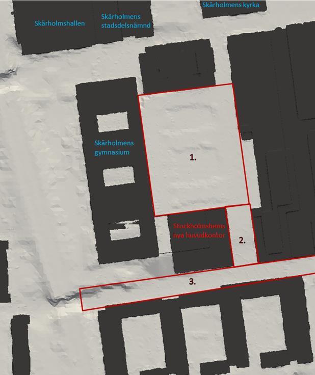 De tre platser som av uppdragsgivaren har bedömts som särskilt intressanta att analysera finns utplacerade och namngivna i Figur 2-2. Figur 2-2: Platser som studerats närmre; 1.