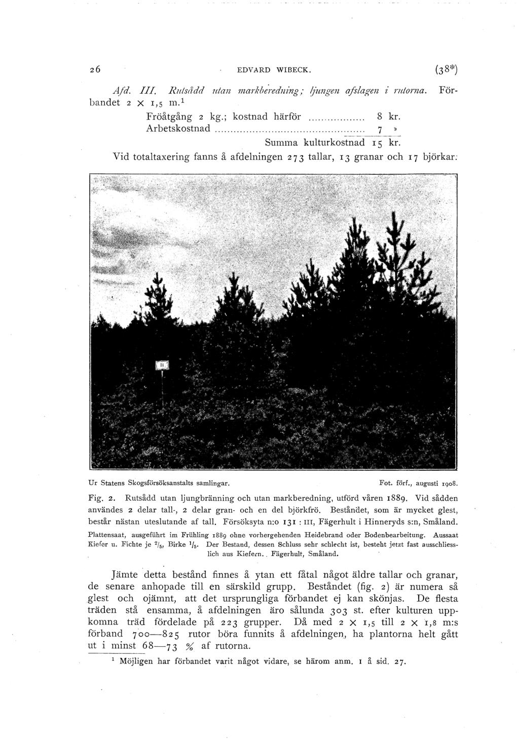 EDVARD WIBECK. Aj d. bandet 2 I!. Rutsddd utan markbe; edm'ng; /7imgen a fiagen i mtoma. X I,s m. 1 För- Fröåtgång 2 kg.; kostnad härför 8 kr. Arbetskostnad... 7 Summa kuturkostnad I s kr.