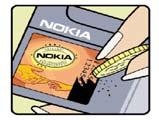 3 och 4 prickar längs kanten av Nokias logotyp för originaltillbehör. 3.
